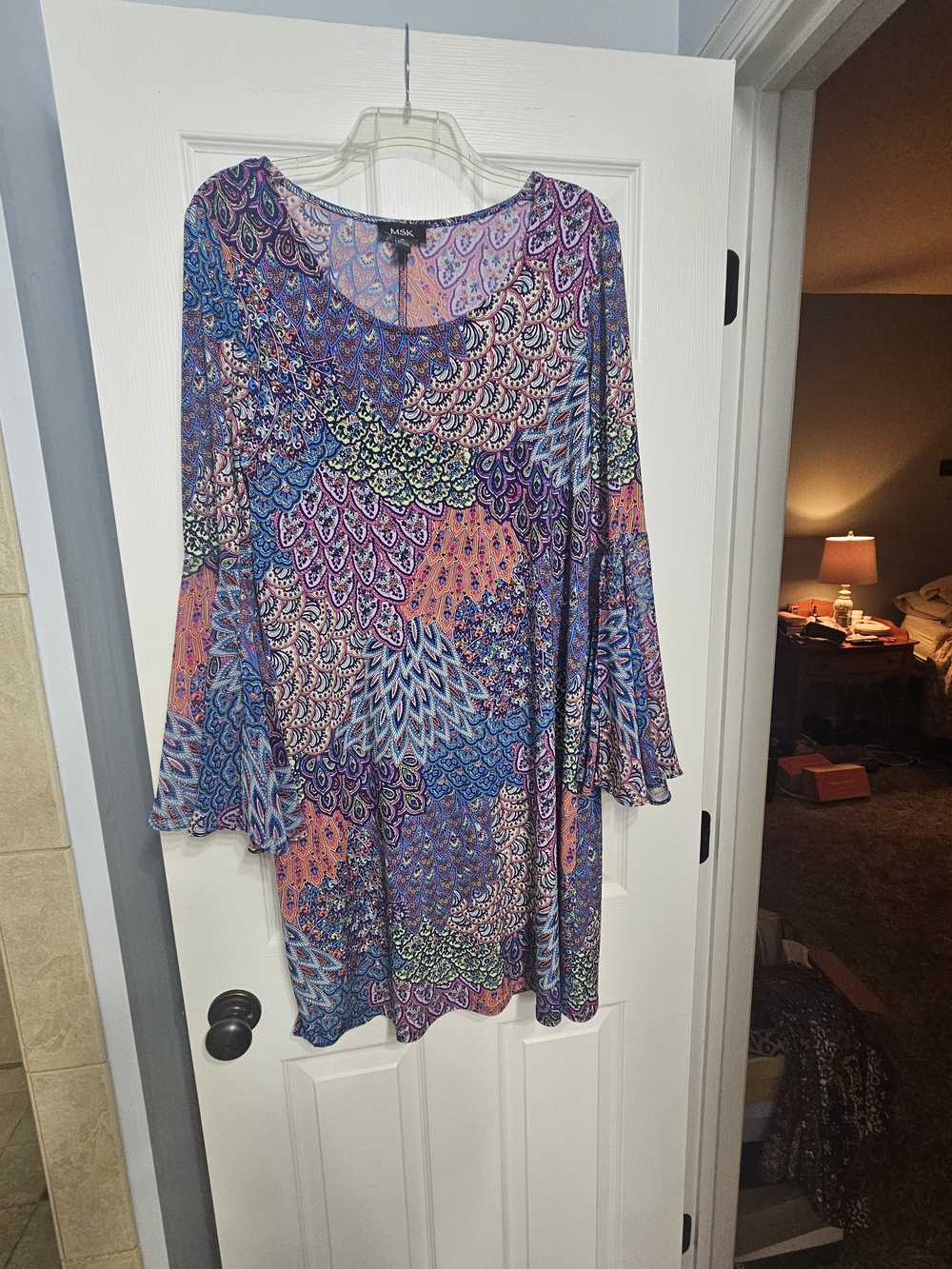 MSK Paisley-Print Bell Sleeve Tunic in Purple, Blue, Pink